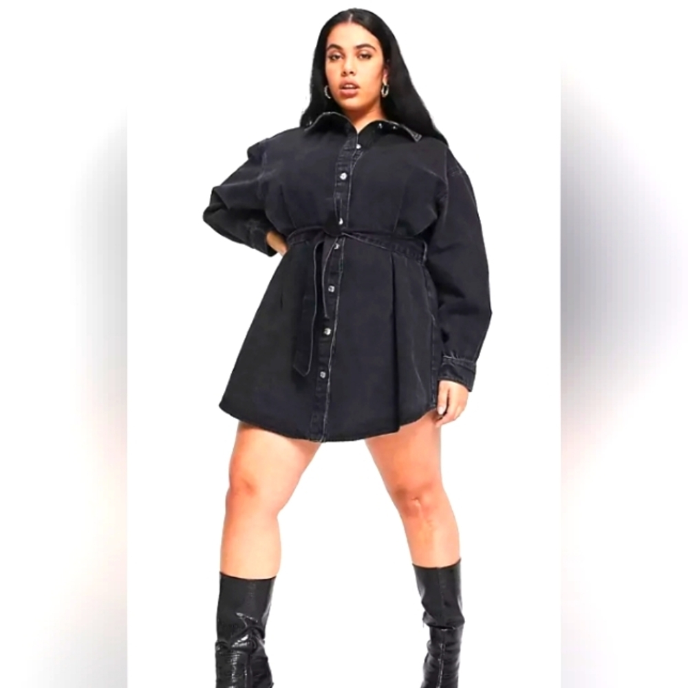 ASOS DESIGN Maternity oversized belted black denim shirt dress. Size 6